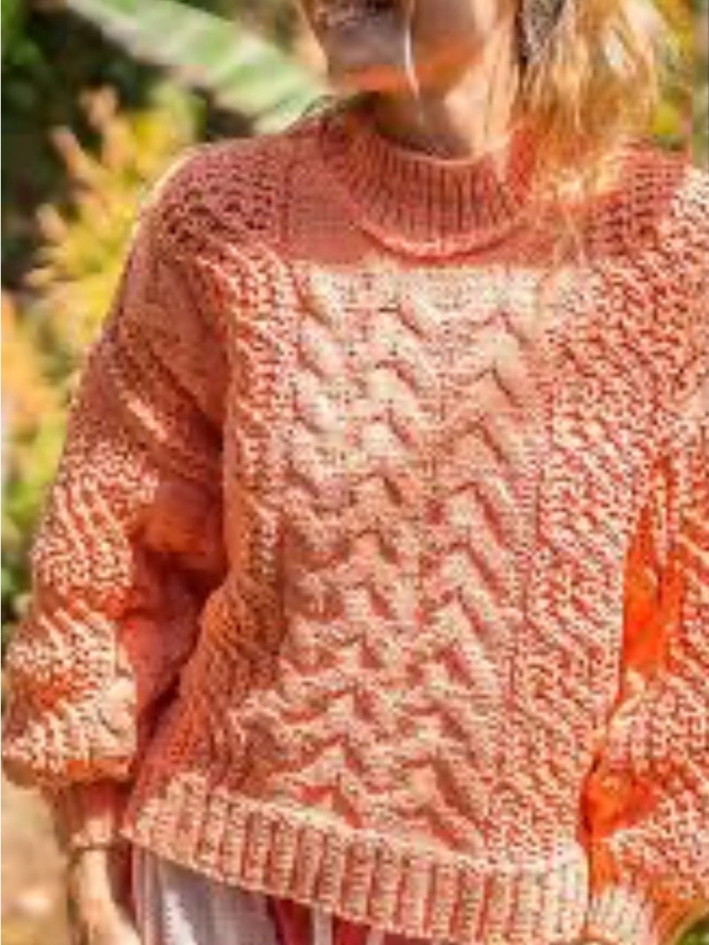 POL Chunky Boho Cable Knit Balloon Sleeve Sweater Orange/Coral Size L